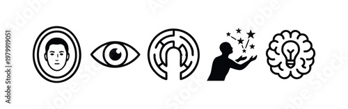 Mind and Perception Icons: Portrait, Eye, Maze, Person with Stars, Brain with Lightbulb