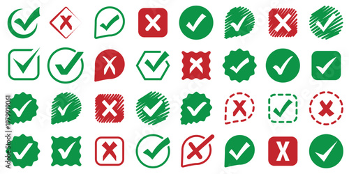 Checkmark cross symbols. Checkbox false wrong icons set. Vote checkmark, cross icons, symbols set. Vector icons. check box illustration.