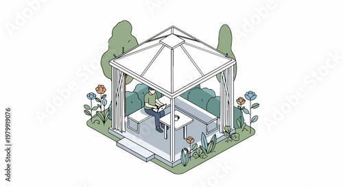 Isometric Illustration of a Man Working on a Laptop Inside a Garden Pavilion or Gazebo