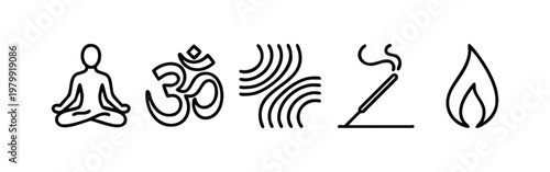 Spirituality and Meditation Icons (Clean Lines): Yoga Pose, Om Symbol, Waves, Incense, Flame