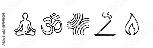 Spirituality and Meditation Icons (Sketch): Yoga Pose, Om Symbol, Waves, Incense, Flame