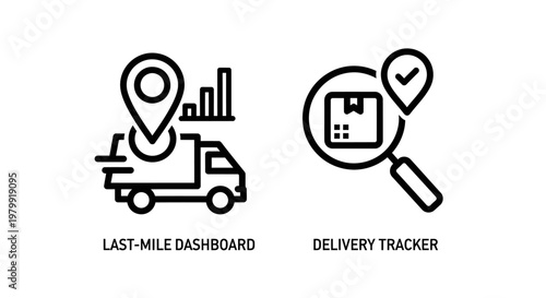 Last-mile delivery dashboard and package tracker icons with delivery, dashboard
