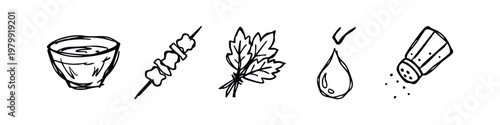 Hand-drawn icons: sauce, skewer, herbs, drop, salt shaker