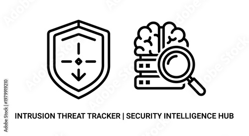 Cybersecurity shield and brain with magnifying glass icon, cybersecurity
