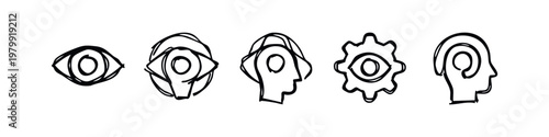 Hand-Drawn Vision, Thinking, and Problem Solving Sketch Icons: Eye and Head Profile Symbols