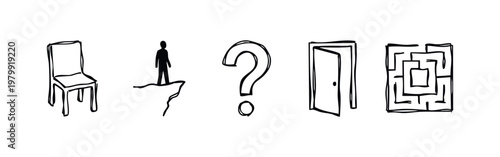 Hand-drawn icons: chair, cliff, question mark, open door, maze