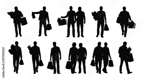 A collection of black silhouette figures depicts people carrying shopping bags and baskets suggesting retail or consumerism high quality professional detailed