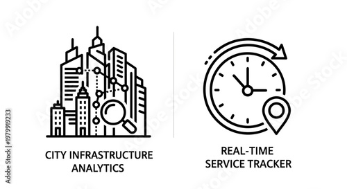 City infrastructure analytics and real-time service tracker icons with analytics