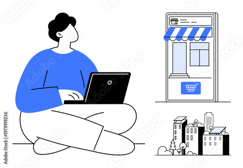 E-commerce, digital retail, online stores, remote work, technology use, urban lifestyle. Person using laptop with mobile shop and cityscape. E-commerce and digital retail concept