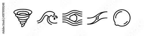 Clean line icons: tornado, wave, hexagonal, air flow, circle