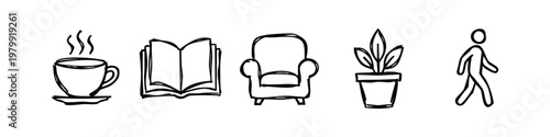 Hand-drawn icons: coffee cup, open book, armchair, potted plant, walking man