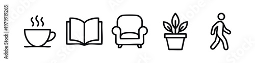 Clean line icons: coffee cup, open book, armchair, potted plant, walking man