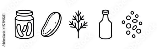 Clean line icons: jar of pickles, pickle, dill, bottle, bubbles