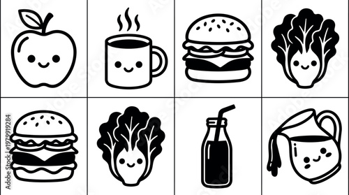 Cute black and white kawaii food icons apple coffee burger lettuce juice pitcher