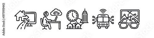Modern Line Art Icon Set for Smart City Connectivity Remote Working and Autonomous Transport