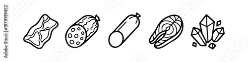 Meat and Mineral Line Art Icon Set with Sausage Salmon Steak and Crystal Gems