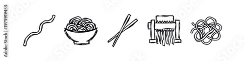 Foto Italian Pasta and Noodle Hand Drawn Icon Set with Bowl Chopsticks and Pasta Make