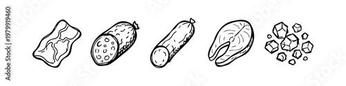 Meat and Grocery Hand Drawn Icon Set with Salami Sausage Salmon Steak and Salt Cubes