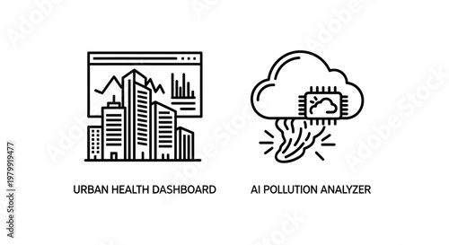 Urban health dashboard and AI pollution analyzer icons with dashboard, pollution