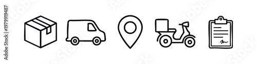 Minimalist Line Art Logistics and Shipping Icon Set with Van Delivery Scooter and Box