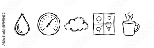 Set of 5 doodle icons: water drop, speedometer, cloud, window with drops, steaming mug.