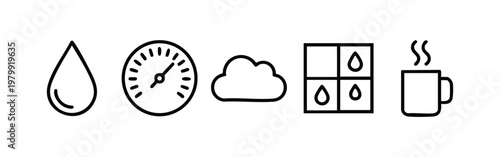Set of 5 minimalist line art icons: water drop, speedometer, cloud, window with drops, steaming mug.