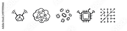 Set of 5 doodle icons: antenna device, network cloud, circuits, CPU chip, network diagram.
