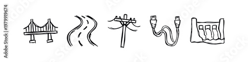 Set of 5 doodle icons: suspension bridge, winding road, power pole, usb cable, dam.