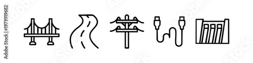 Set of 5 minimalist line art icons: suspension bridge, winding road, power pole, usb cable, dam.