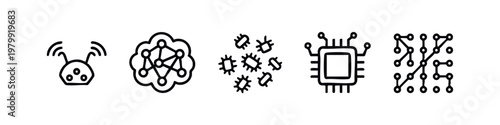Set of 5 minimalist line art icons: antenna device, network cloud, circuits, CPU chip, network diagram.