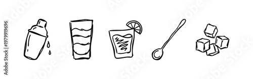 Set of 5 doodle icons: shaker, tall glass, cocktail glass, bar spoon, ice cubes.