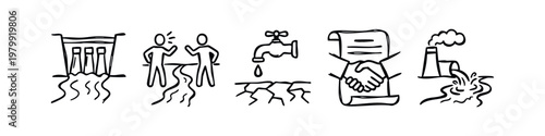 Set of five water management and environmental icons in hand-drawn style