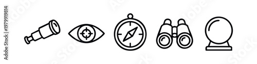 Collection of five discovery and exploration icons in outline style