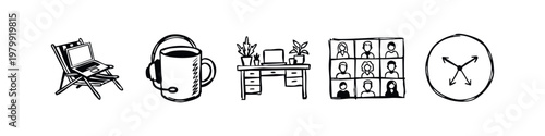 Set of five icons related to remote work and communication in hand-drawn style
