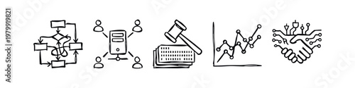 Business & Technology Icons: Flowchart, Server, Gavel, Graph, Handshake