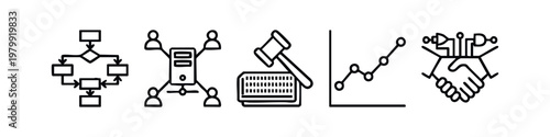 Business & Technology Icons: Flowchart, Server, Gavel, Graph, Handshake