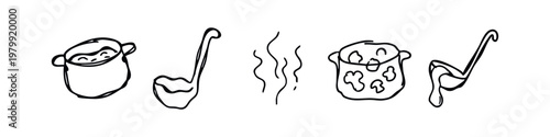 Doodle Cooking Icons: Pot, Ladle, Steam, and Food Chunks