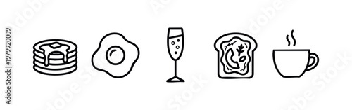 Outline Breakfast Icons: Pancakes, Fried Egg, Champagne Flute, Toast, and Coffee Mug