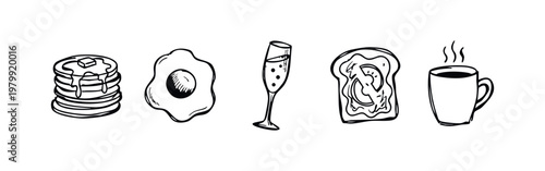 Doodle Breakfast Icons: Pancakes, Fried Egg, Champagne, Toast, and Coffee