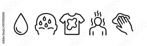 Line Art Icons: Water Drop, Sweating Face, Stained T-shirt, Person, and Wiping Hand