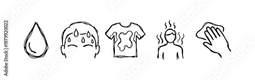 Doodle Icons: Water Droplet, Sweaty Face, Stained Shirt, Person, and Wiping Hand