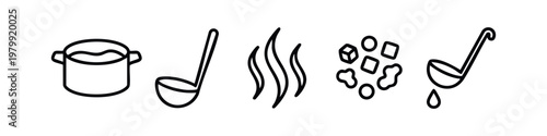 Line Art Cooking Icons: Pot, Ladle, Steam, and Ingredients