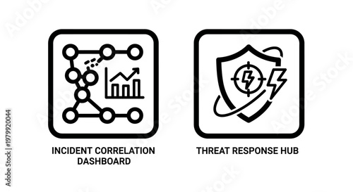 Incident correlation dashboard and threat response hub icons with incident