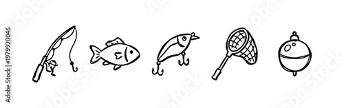 Set of 5 hand-drawn fishing icons in black outline on white background