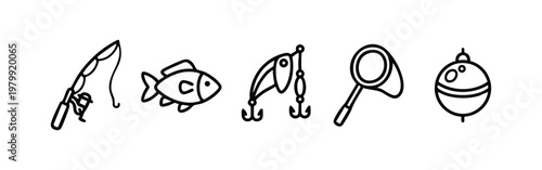 Set of 5 clean line icons for fishing on white background