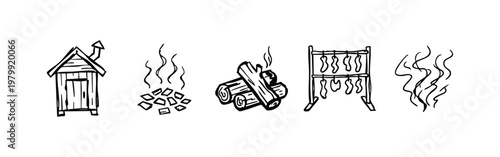 Set of 5 hand-drawn smoking or barbecue icons in black outline on white background