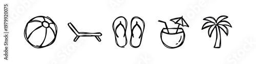 Set of 5 hand-drawn summer vacation icons in black outline on white background
