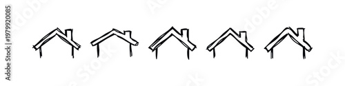 Set of 5 hand-drawn house roof icons in black outline on white background