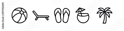 Set of 5 clean line icons for summer vacation on white background