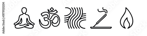 Yoga and meditation line art icons: person meditating, om symbol, waves, incense